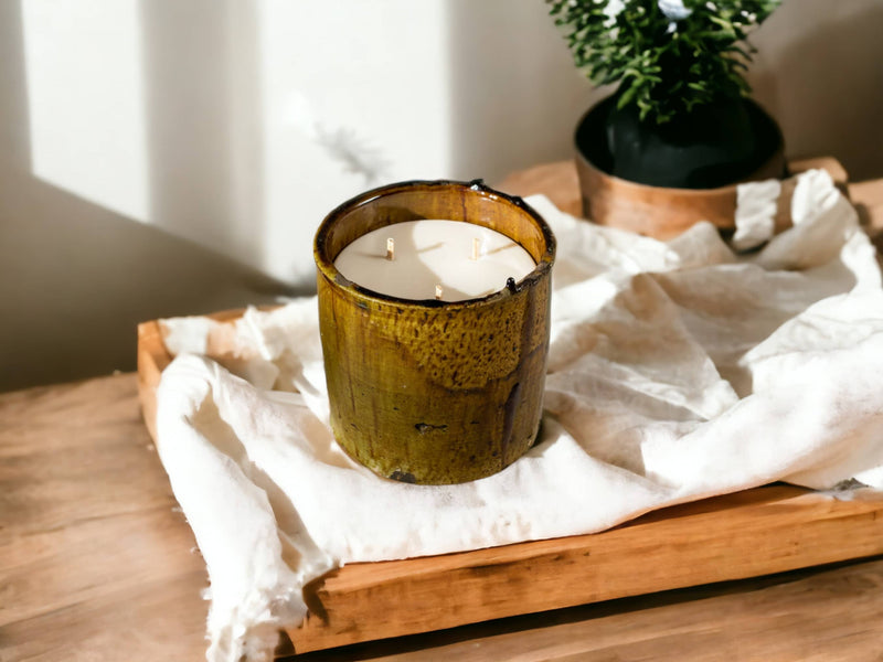 Luxury Handmade Moroccan Shaded Ochre Tamegroute Scented Soy Wax Candle with Ceramic Holder