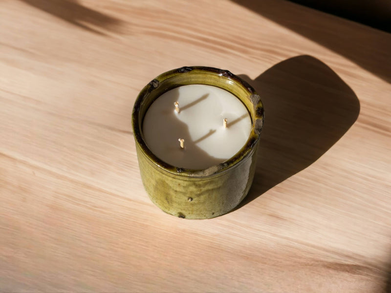 Luxury Handmade Moroccan Shaded Ochre Tamegroute Scented Soy Wax Candle with Ceramic Holder