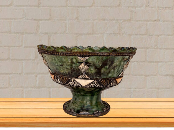 Handmade Antique Decorative Fruit Bowl, Bowl Green Glazed Pottery, Decorated with carved silver-plated copper and camel bones, Moroccan pottery