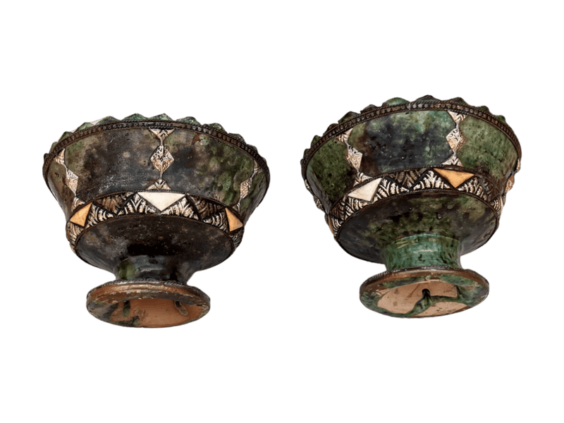 Handmade Antique Decorative Fruit Bowl, Bowl Green Glazed Pottery, Decorated with carved silver-plated copper and camel bones, Moroccan pottery