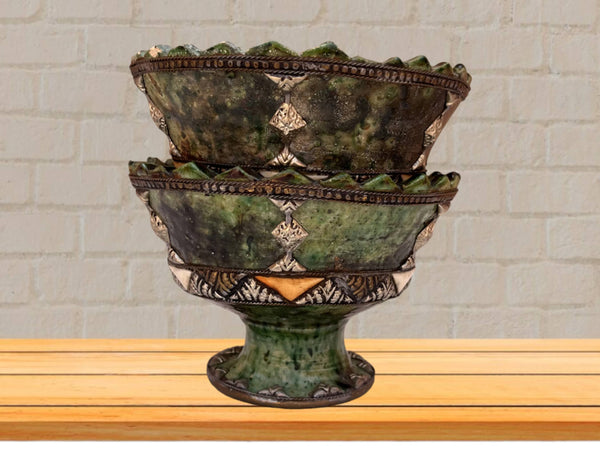 Handmade Antique Decorative Fruit Bowl, Bowl Green Glazed Pottery, Decorated with carved silver-plated copper and camel bones, Moroccan pottery