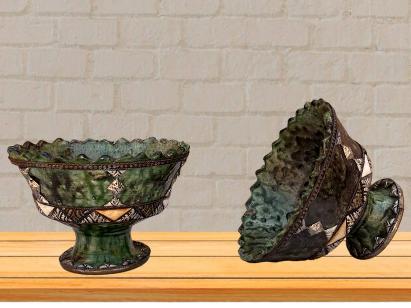 Handmade Antique Decorative Fruit Bowl, Bowl Green Glazed Pottery, Decorated with carved silver-plated copper and camel bones, Moroccan pottery