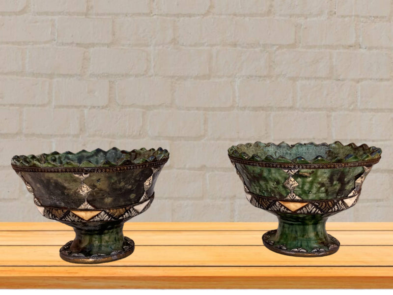 Handmade Antique Decorative Fruit Bowl, Bowl Green Glazed Pottery, Decorated with carved silver-plated copper and camel bones, Moroccan pottery